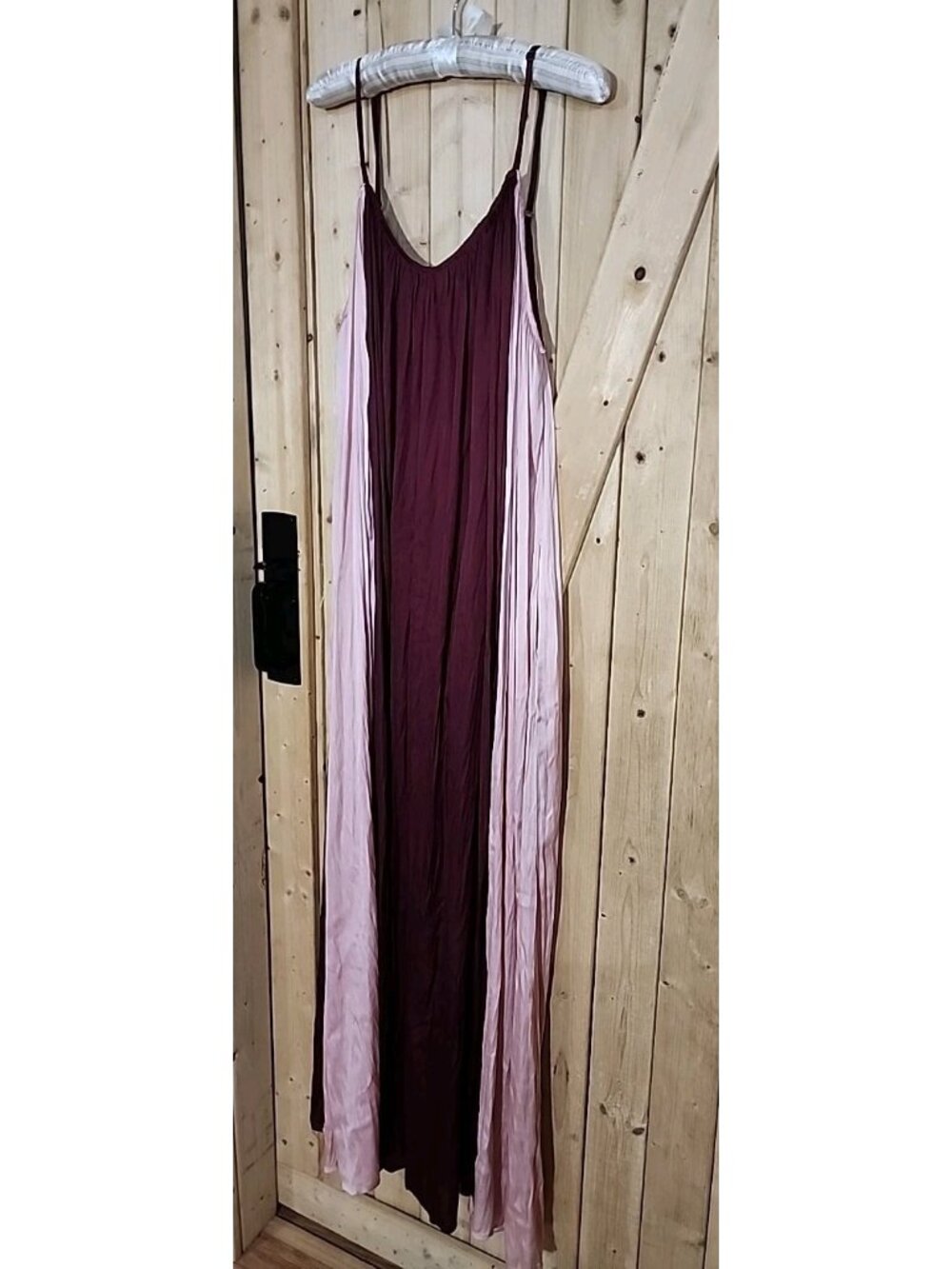 Maxi Dress Colorblock Adjustable Spaghetti Straps Flowy Sz L Silky Lined Pockets